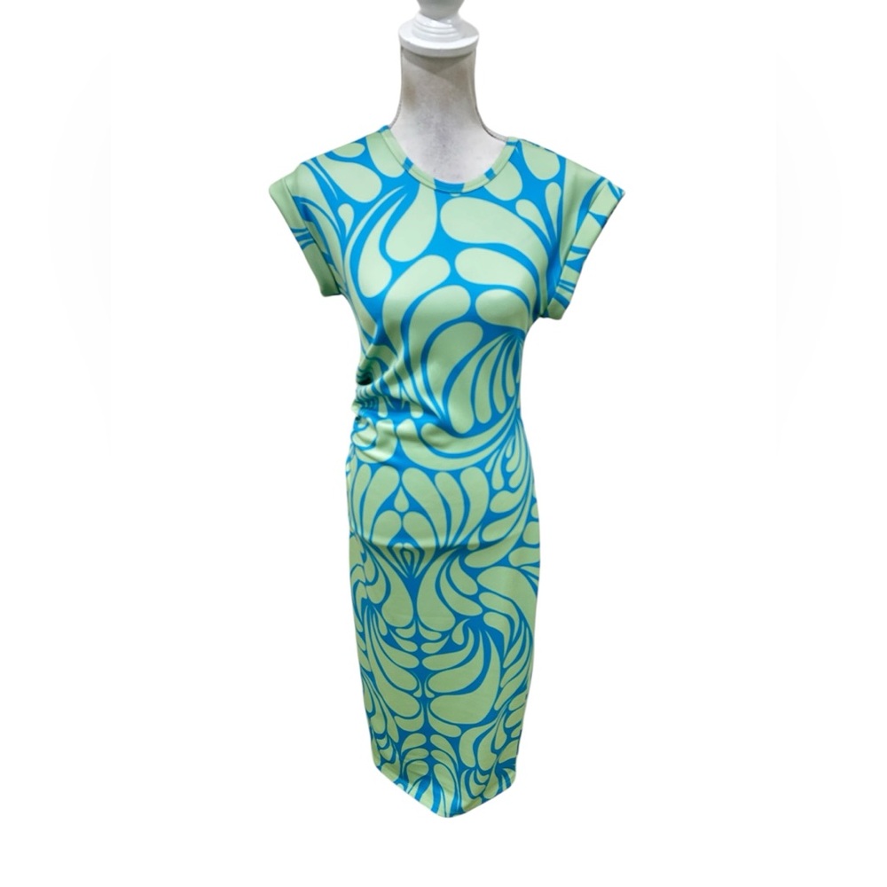 Sheridan French short sleeve stretch midi Dress Blue & Mint ruched side medium